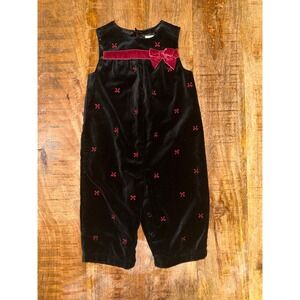 Gymboree Vintage  Girls Black Velvet Red Bow Embroidered Holiday Romper 6-12